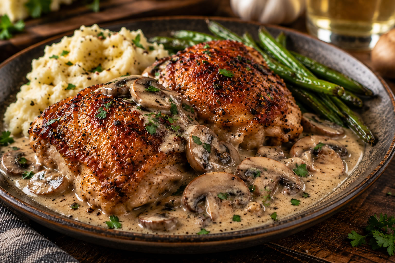Crispy Chicken Thighs with Creamy Mushroom Sauce